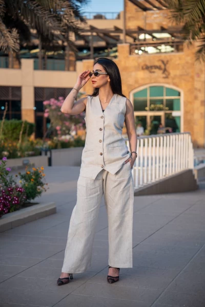 Beige linen vest and pants set, C:IB1085 Beige